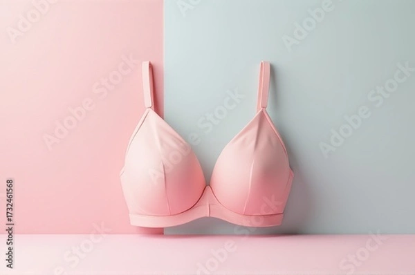 Fototapeta A beautiful pink bra is displayed on a sleek surface split between soft pink and light blue. This elegant arrangement highlights the freshness and contemporary design of the lingerie
