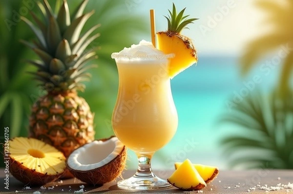 Obraz A tropical drink garnished with pineapple sits on a table with fresh pineapples and coconuts nearby. The sun shines brightly, highlighting the beautiful beach scene