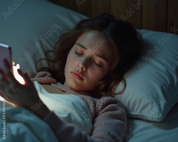 Fototapeta A young girl lies comfortably in bed, surrounded by soft pillows and blankets. In the glow of her phone, she is deeply absorbed in whatever she is viewing as night embraces the room