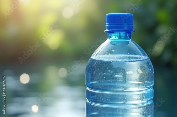 Fototapeta A blue-capped water bottle sits gracefully by the shimmering surface of a calm lake, reflecting the golden sunlight of early evening, surrounded by lush greenery