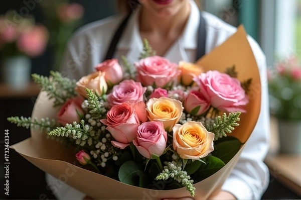 Fototapeta A talented florist presents a stunning bouquet filled with vibrant roses in shades of pink and peach. The warm atmosphere of the flower shop adds charm to the moment