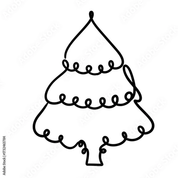 Obraz Christmas Tree Line Art, Hand Drawn Xmas Outline Illustration, Holiday Decoration Vector