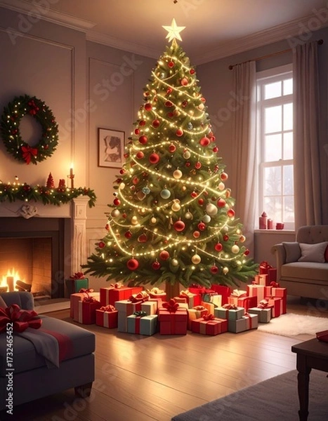 Fototapeta Un árbol de Navidad grande y frondoso en un salón decorado para las fiestas. El árbol está adornado con luces cálidas brillantes, bolas de Navidad rojas, doradas y plateadas, guirnaldas elegantes.