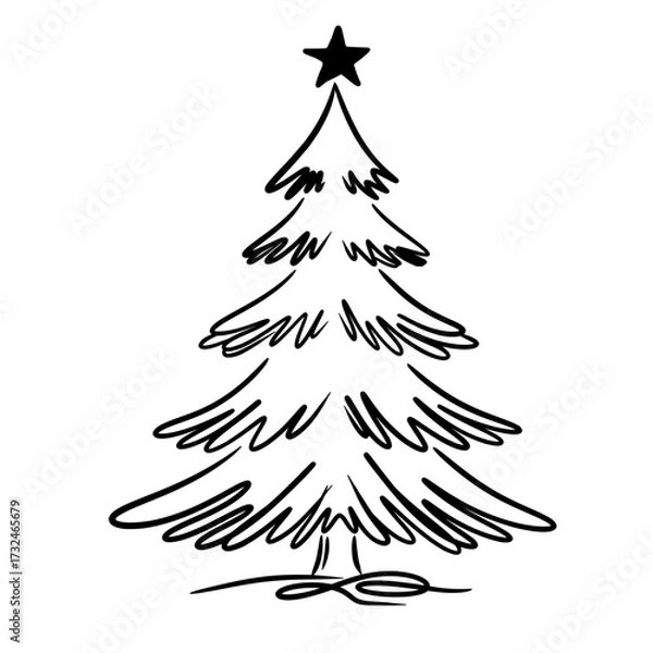Obraz Christmas Tree Line Art, Hand Drawn Xmas Outline Illustration, Holiday Decoration Vector