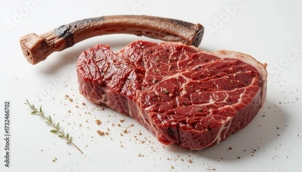 Fototapeta Premium Raw Beef Steak with Bone and Herbs