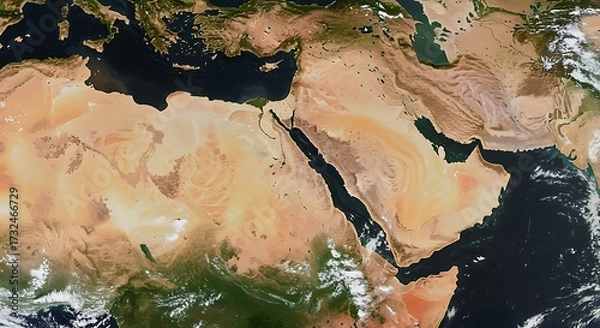 Obraz Satellite View of Middle Eastern and North African Region with Deserts and Water Bodies