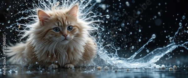 Fototapeta Fluffy Ginger Cat Splashing Water