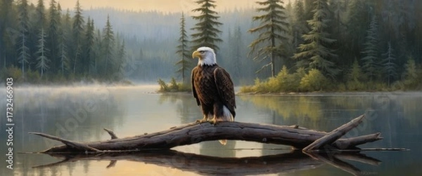 Fototapeta Majestic Bald Eagle on Misty Forest Lake Log