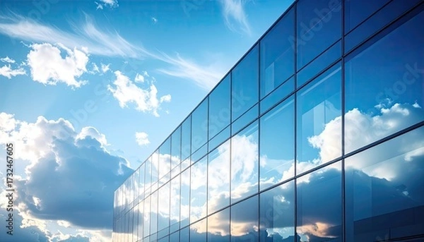 Fototapeta A modern glass building's exterior reflects a partly cloudy sky, showcasing a dynamic interplay of architecture and nature