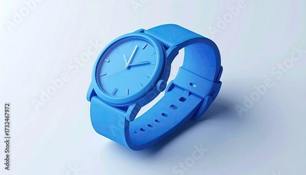 Fototapeta A monochromatic blue wristwatch with a minimalist design, featuring a round face, simple hands, and a solid-colored silicone strap, is presented against a light blue background