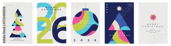 Obraz Minimalist geometric Christmas and New Year greeting cards set. Modern abstract design with tree, ornament, numbers, colorful shapes. Perfect for holiday invitations, posters, prints.