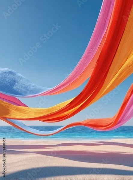 Fototapeta Vibrant, flowing fabric ribbons in orange, pink, yellow, and blue hues dance above a serene beach under a clear blue sky, casting soft shadows on the sand