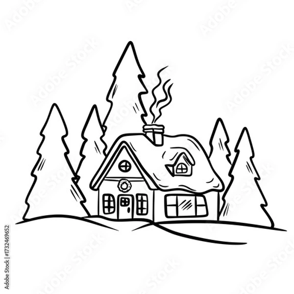 Obraz Winter House Line Art, Snow Cottage Outline, Hand Drawn Christmas Holiday Illustration Vector
