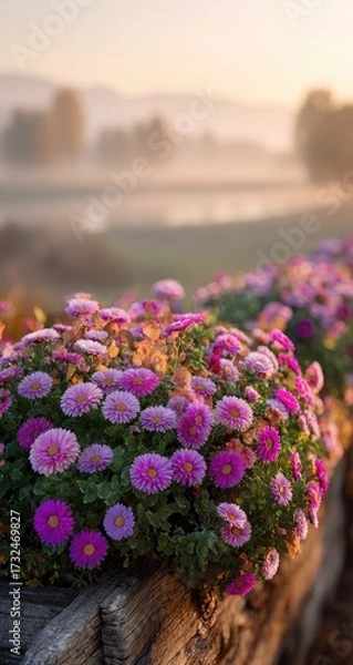 Fototapeta Vibrant pink and purple daisies bloom profusely in wooden planters, bathed in the soft glow of sunrise mist over a tranquil landscape
