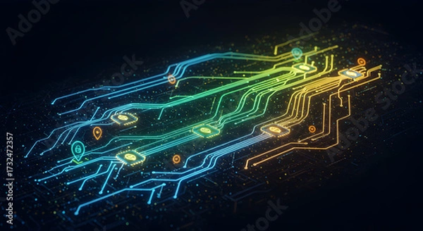 Fototapeta Conceptual light beams tracing financial transactions, guided by AI for fraud detection
