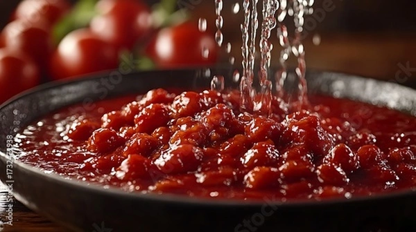 Fototapeta Fresh Tomato Sauce with Water Droplets in Bowl, Tomatoes in Background