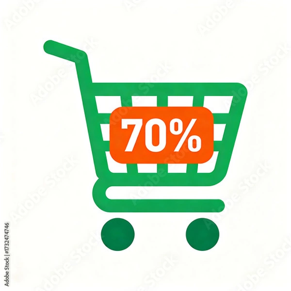 Obraz A green shopping cart icon with an orange 70% discount sign inside, isolated on white.