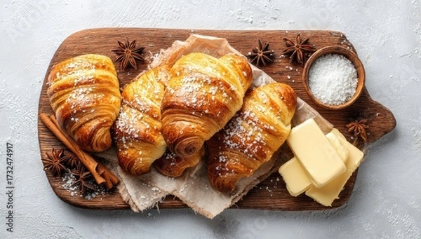 Fototapeta Warm, golden croissants dusted with sugar, arranged on a rustic wooden board with butter, cinnamon sticks, star anise, and coarse salt.  Overhead shot