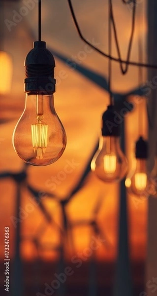 Fototapeta Warm-toned incandescent bulbs hang against a blurred sunset backdrop featuring wind turbines, suggesting sustainable energy