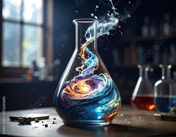 Fototapeta Colorful liquid swirling in a flask