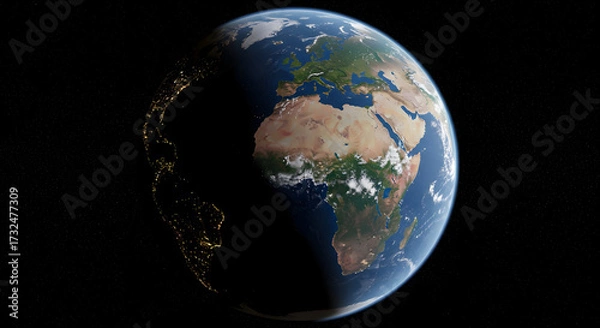 Fototapeta Continents distinctly visible on Earths surface from high orbit with a scatter of stars