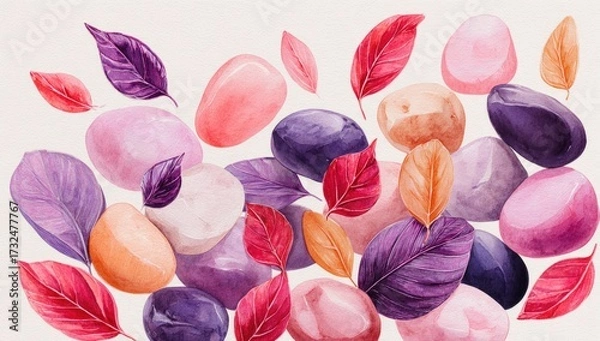 Fototapeta Watercolor painting of smooth, pastel-colored stones and vibrant autumn leaves scattered on a white background, creating a sense of gentle movement and serene beauty