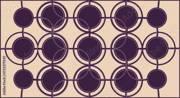 Obraz Circular, dark-purple shapes interconnected by linear elements on a light beige background, creating an abstract pattern