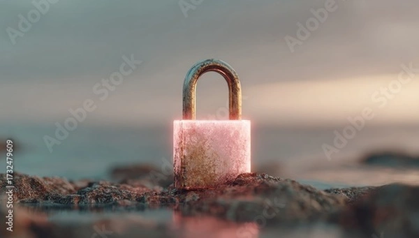 Fototapeta Weathered pink padlock glowing faintly, rests on dark rocks near water's edge, under a muted sunset sky