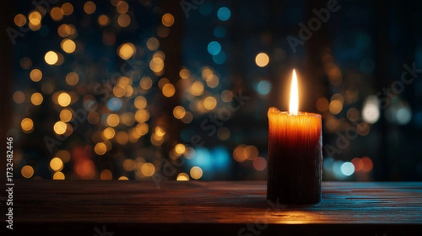 Obraz Burning candle on a wooden table with warm golden bokeh lights in the background creating a cozy and romantic atmosphere