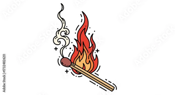 Fototapeta Stylized illustration of a lit match with vibrant flames and swirling smoke wisps