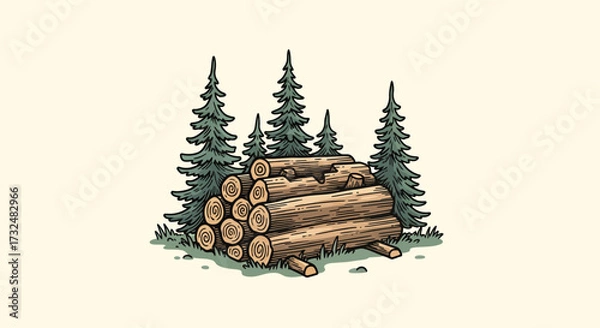 Fototapeta Vintage illustration of felled logs stacked in a serene forest clearing view