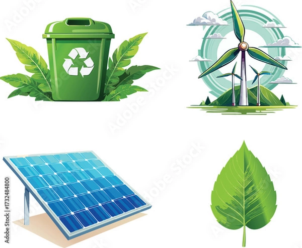 Fototapeta Eco-Friendly Icons Vector Set Featuring Sustainability Symbols, Renewable Energy, Recycling, and Green Environment Design Elements