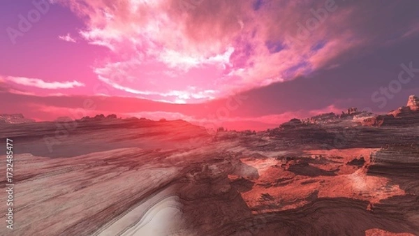 Obraz Panorama of Mars at sunset, sunrise above the surface of Mars, Martian landscape, 3d rendering