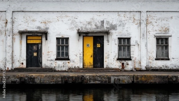Fototapeta Weathered white building with three windows and two doors?one black, one yellow and black?situated beside dark water.  The building shows significant age and decay