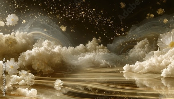 Fototapeta Whimsical, ethereal landscape; creamy clouds and white flowers float on a golden, ink-marbled surface, speckled with golden dust; dark background