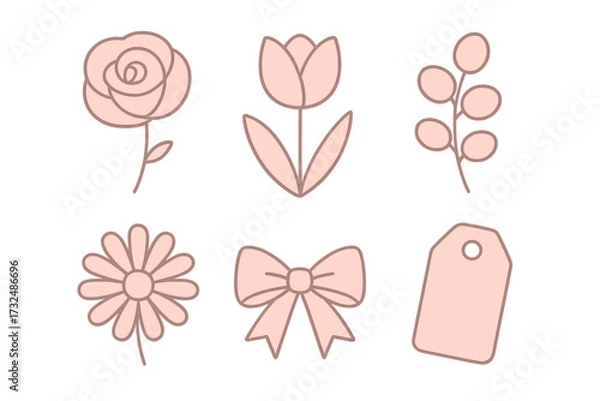 Fototapeta Elegant set of delicate pink floral elements and decorative symbols including rose, tulip, daisy, bow, and tag for celebration and design projects