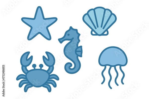Fototapeta Stylized blue marine life collection featuring starfish, seahorse, crab, seashell, and jellyfish for ocean themes and underwater designs