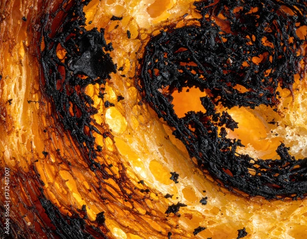 Fototapeta Burnt toast charred crust ash crumbs deep shadows abstract food texture crispy swirl caramelized golden porous closeup macro pattern surface breakfast kitchen rustic rough blackened brown orange