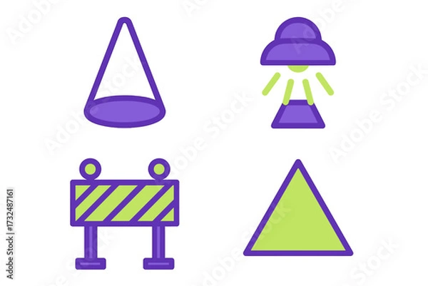 Fototapeta Abstract geometric shapes, a striped construction barrier, and a stylized UFO icon in a vibrant purple and lime green color palette