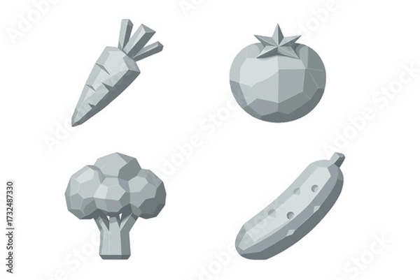 Fototapeta Stylized low poly grey vegetables set with carrot, tomato, broccoli, and cucumber on a clean white background