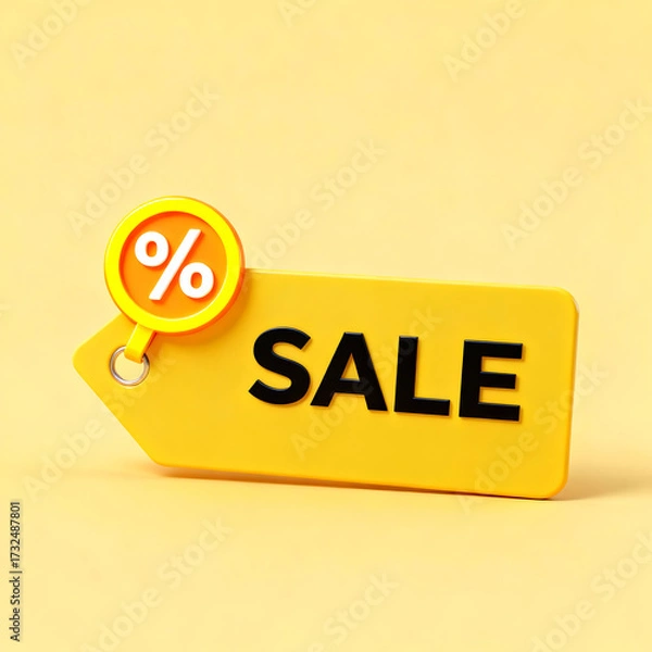 Obraz A bright yellow sale tag with a percentage symbol, indicating a discount offer.