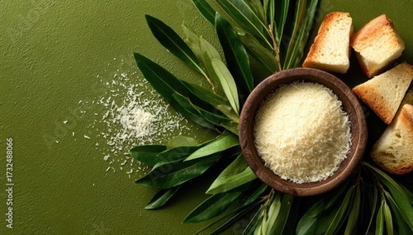 Fototapeta Wooden bowl of grated cheese, olive branches, and toasted bread pieces arranged on a dark green background