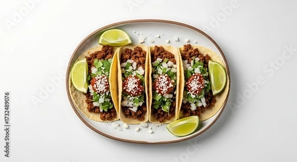 Fototapeta Four Beef Tacos with Fresh Vegetables and Lime Wedges on Ceramic Plate