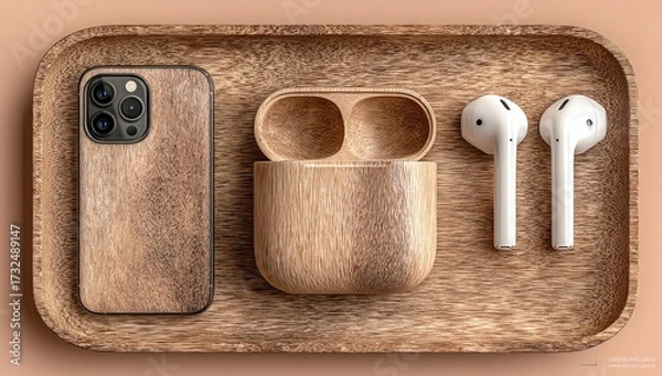 Fototapeta Wooden phone case, earbuds, and charging case arranged on a wooden tray against a muted peach background.  The image is a flat lay, showcasing the natural wood grain
