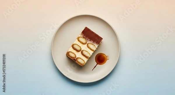 Fototapeta Elegant Slice of Layered Cake with Caramel Sauce on White Plate in Bright Setting