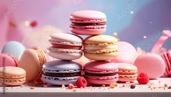 Fototapeta Colorful macarons stacked in a pyramid, sweet treats
