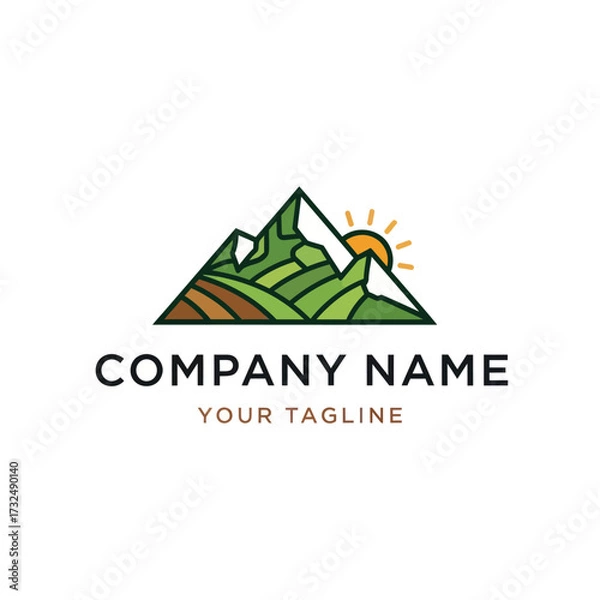 Fototapeta Modern Mountain and Farmland Landscape Logo with Sun and Company Branding on White Background, Flat Vector Elements, Vector Illustration, Simple Vector, Stylized Vector Drawing, Vector Template,
