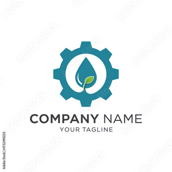 Fototapeta Eco-Friendly Industrial Logo Design Featuring Gear, Water Drop, and Green Leaf Symbolizing Sustainability and Innovation on a White Background, Flat Vector Elements, Vector Illustration, Simple