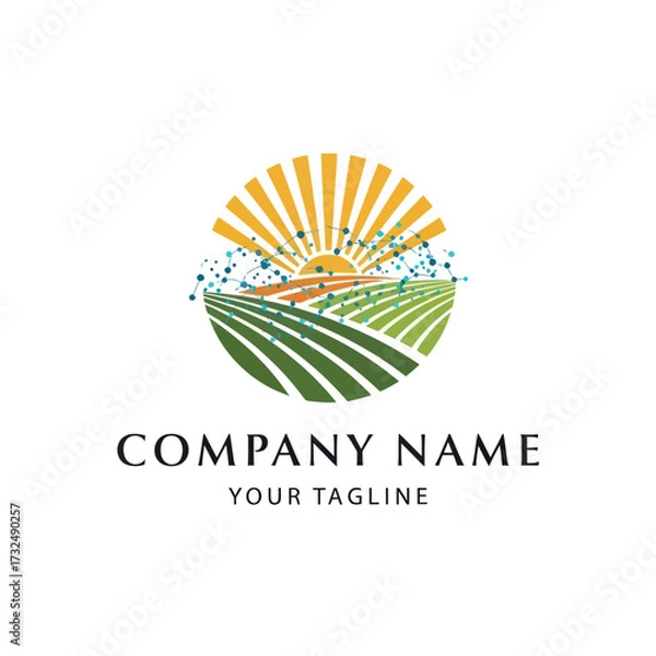Fototapeta Modern Agritech Logo featuring a Sunrise over Green Fields with a Digital Network Overlay, symbolizing Farming, Agricultural Innovation, and Sustainable Growth for Company Branding, Flat Vector