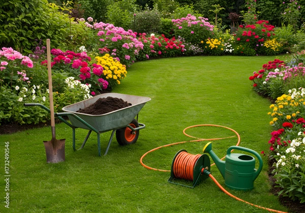 Fototapeta A lush garden with vibrant flowers, a wheelbarrow filled with soil, and gardening tools on a well maintained lawn, creating a serene outdoor space